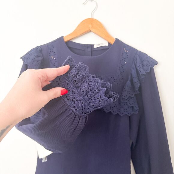 Doen Minore Dress Navy Size S Eyelet Collared Long Sleeve Organic Cotton Cottage - Picture 5 of 13